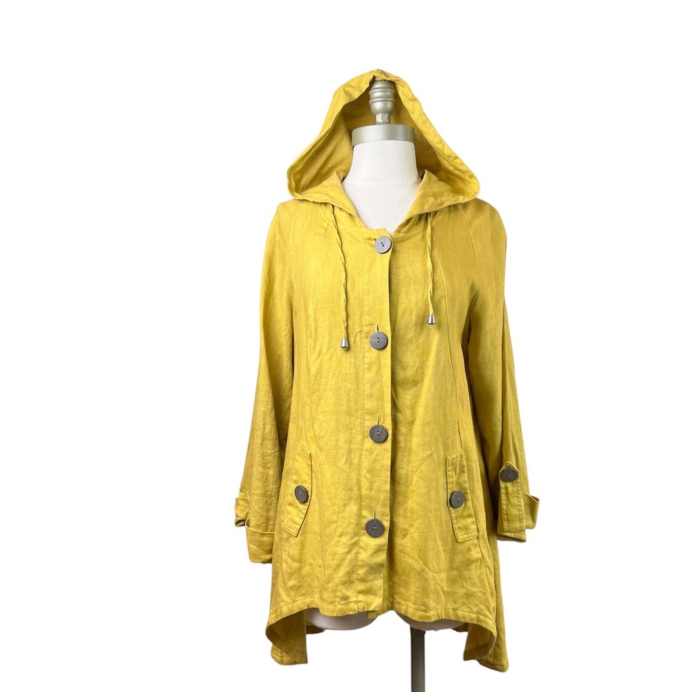For Cynthia Linen Hooded Jacket Womens Medium Yellow Lagenlook Boho Minimalist
